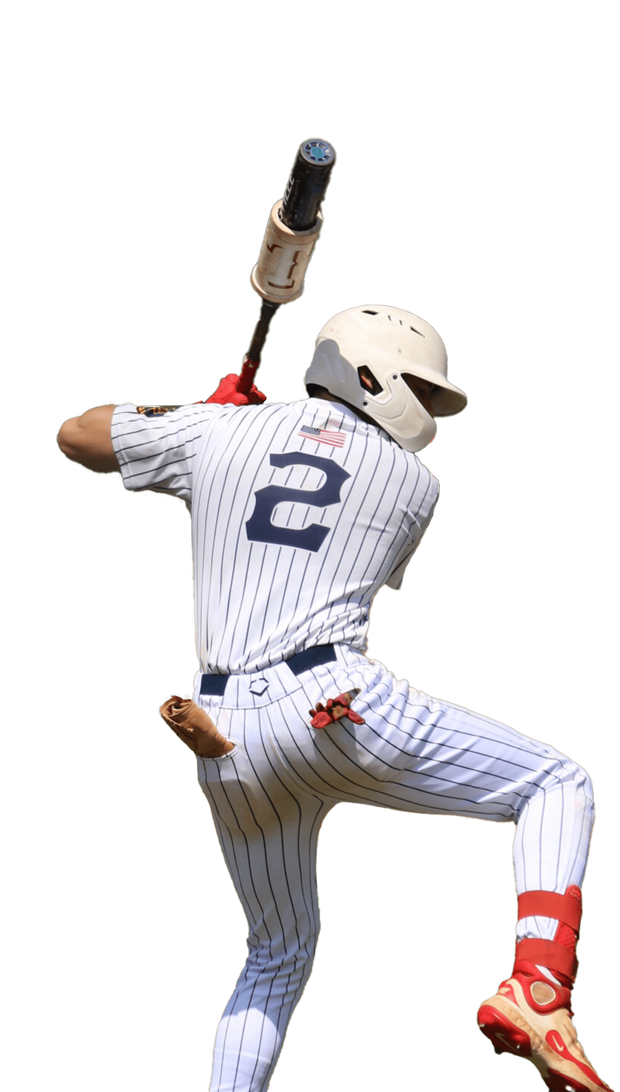 Baseball player in a striped uniform, number 2, swings a bat, showcasing athletic form and determination. Relevant for sports content.