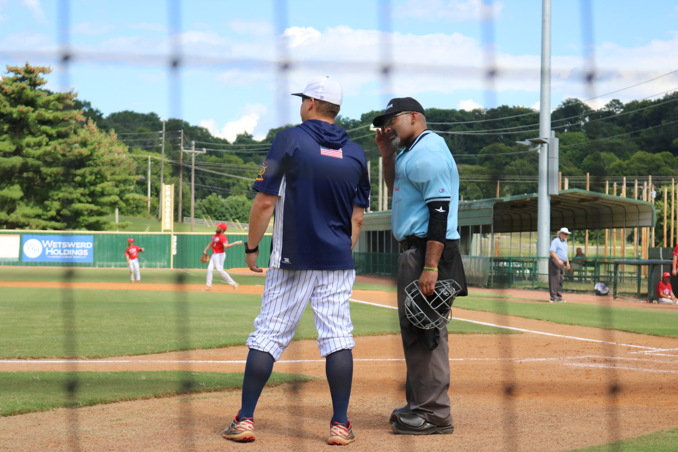 A baseball coach discusses strategy with the umpire near home plate, while players prepare in the background. The scene captures a game atmosphere.